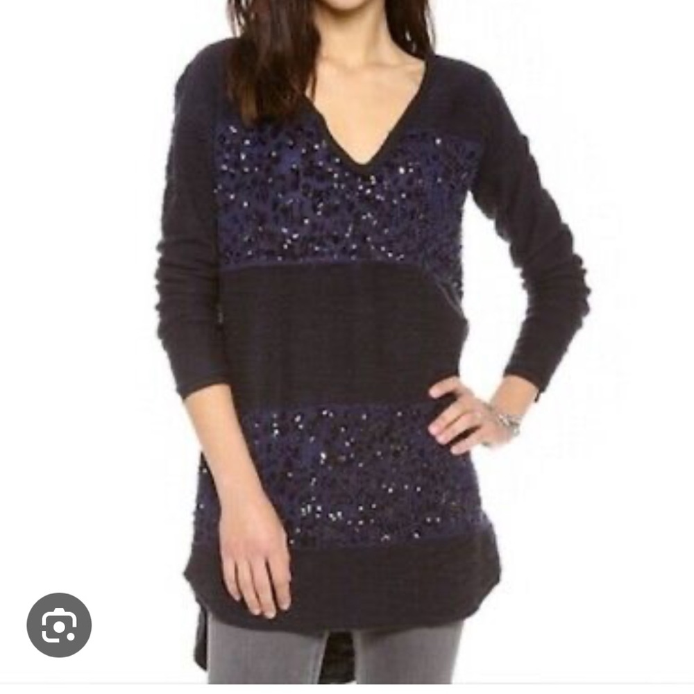 Free People Sweater/ Tunic with Blue and black stripes with black sequins